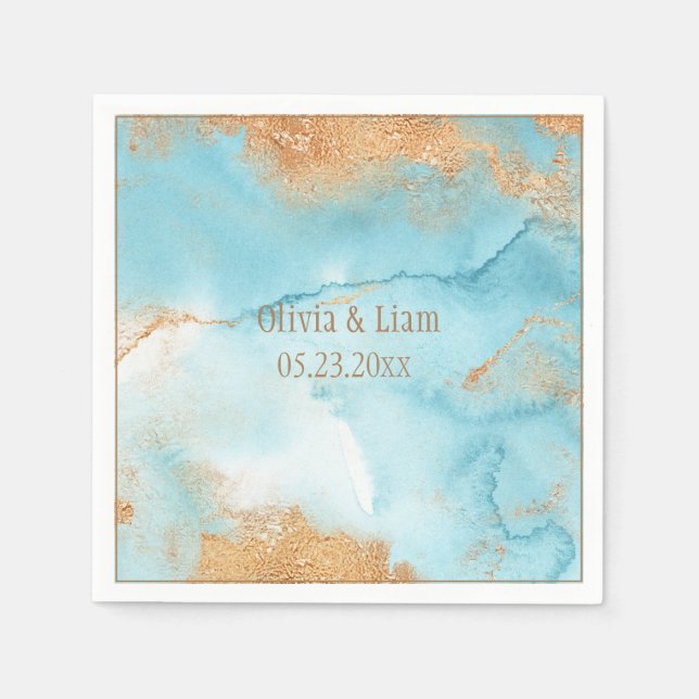 Servilleta De Papel Oro Turquesa Abstracto Nombre Boda moderno (Anverso)