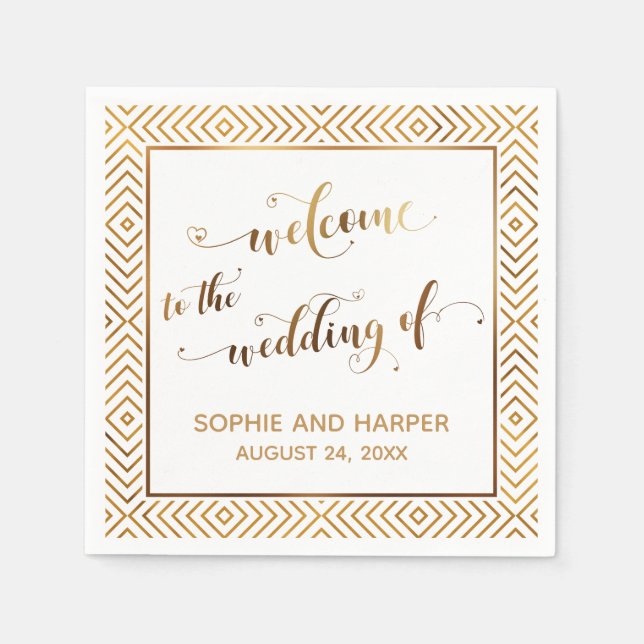 Servilleta De Papel Oro y blanco Bienvenido al Boda de (Anverso)