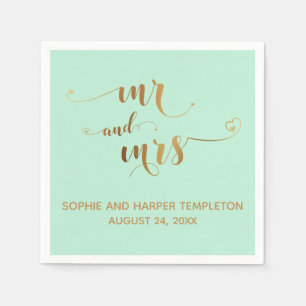 Servilleta De Papel Oro y Verde Mint Sr y Sra Caligrafía con Corazones