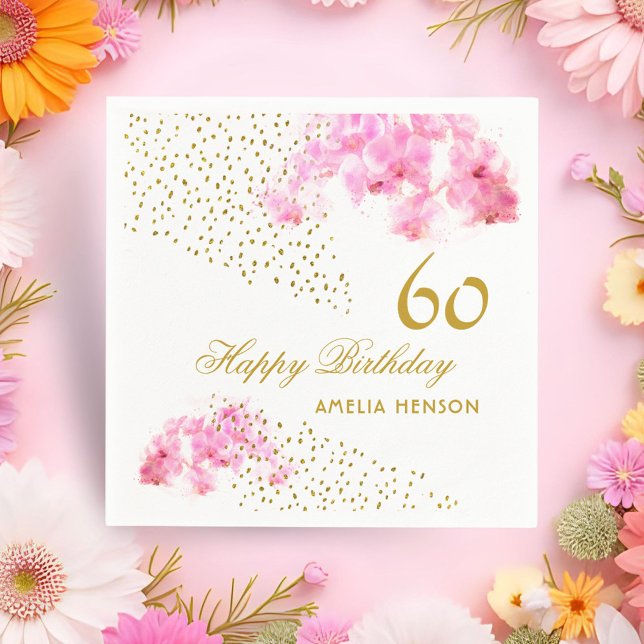 Servilleta De Papel Orquídea Rosa Acuarela Dorada Purpurina 60 cumplea (Subido por el creador)
