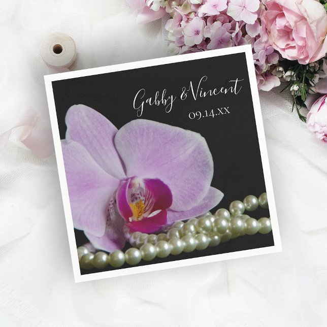Servilleta De Papel Orquídea rosa y perlas en Boda negro (Subido por el creador)