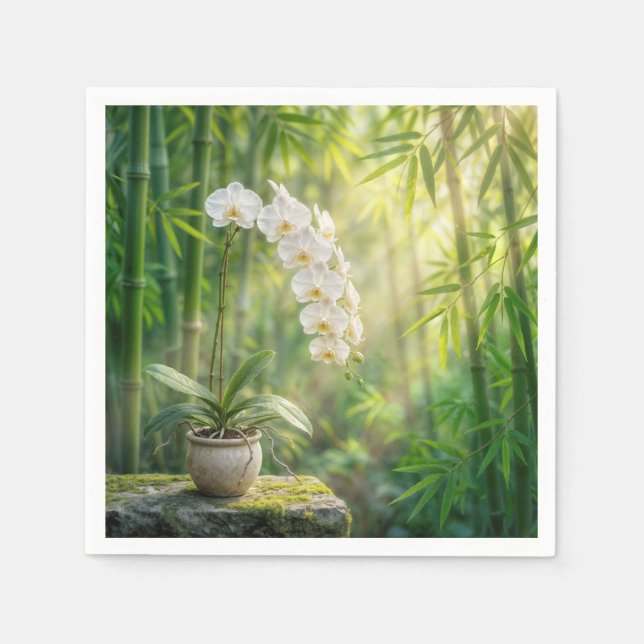 Servilleta De Papel Orquídeas blancas en bosque de bambú (Anverso)