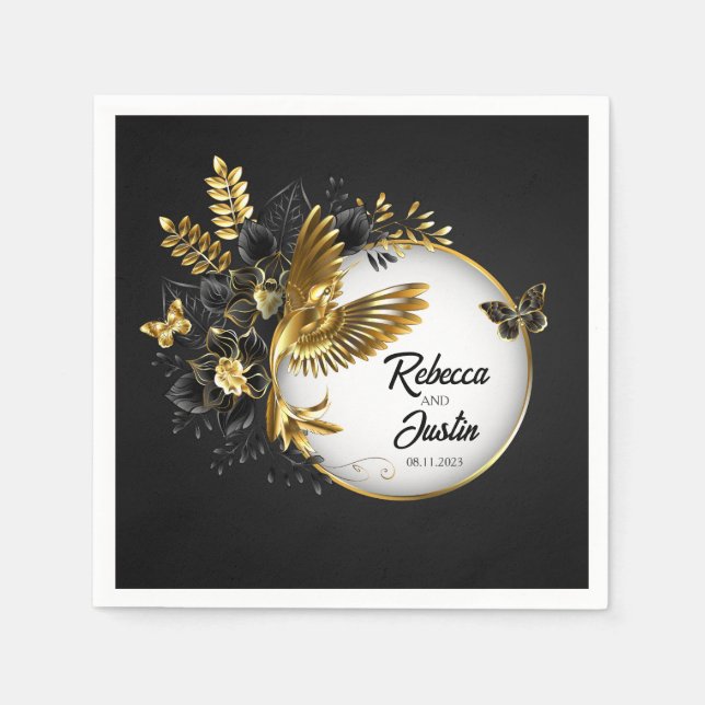 Servilleta De Papel Orquídeas negras y colibrí de oro Relieve metaliza (Anverso)