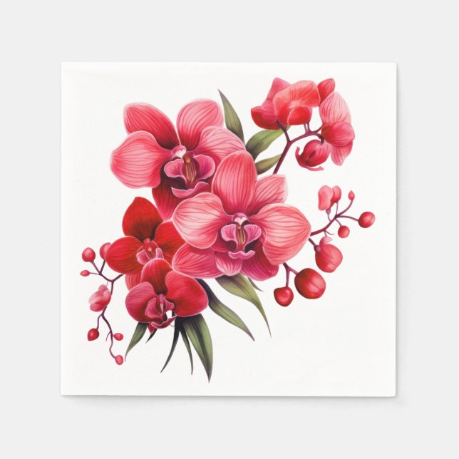 Servilleta De Papel Orquídeas Rojas Boda Roja y Blanca (Anverso)
