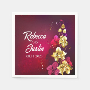 Servilleta De Papel Orquídeas Rojas Doradas Floral Moderno Boho