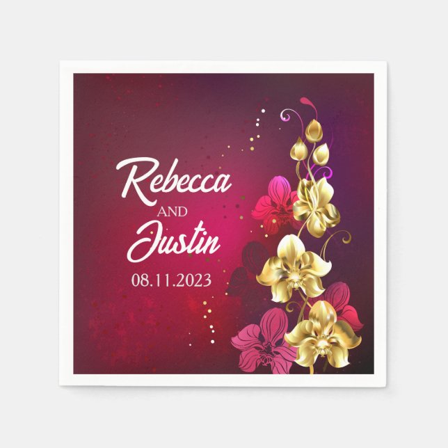 Servilleta De Papel Orquídeas Rojas Doradas Floral Moderno Boho (Anverso)