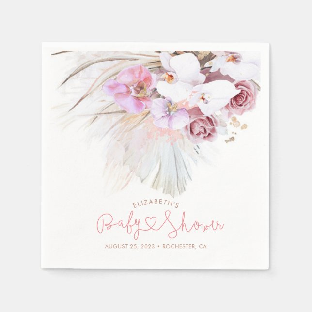 Servilleta De Papel Orquídeas rosas y pampas Boho elegante (Anverso)