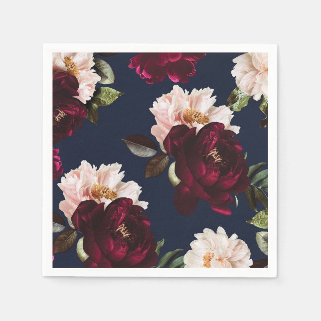 Servilleta De Papel Oscuro Moody Burgundy Rubor Peony Floral Navy Azul (Anverso)