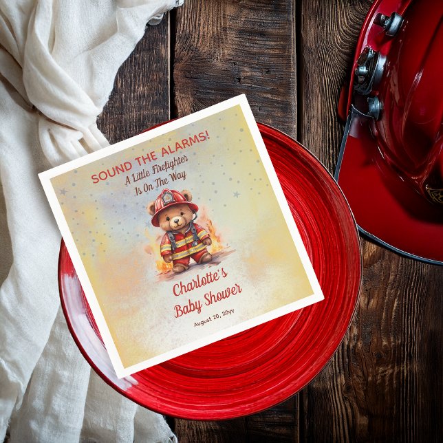 Servilleta De Papel Osito Bombero Teddy Baby Shower (Sound the Alarms!  A Little Firefighter Is On The Way Cute Teddy Bear Baby Shower Paper Napkins)