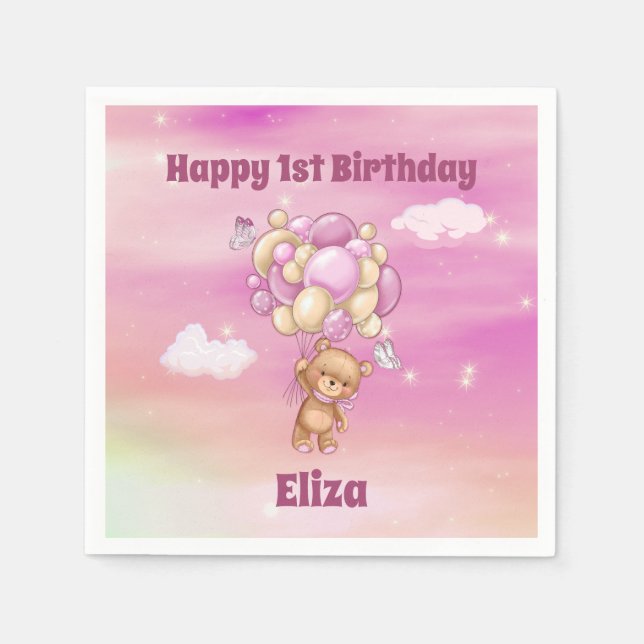Servilleta De Papel Osito de cumpleaños 1 año con globos rosas (Anverso)