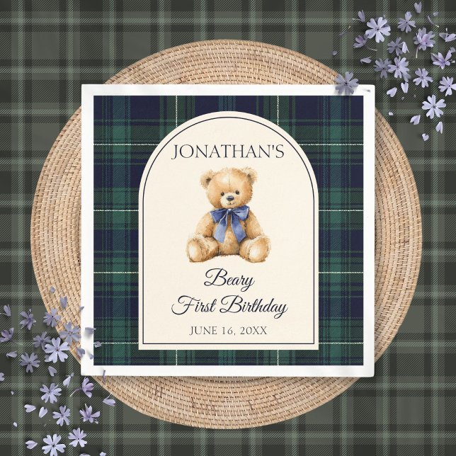 Servilleta De Papel Osito de peluche azul con lazo cumpleaños 1 año (Blue Bow Preppy Teddy Bear 1st Birthday Napkins)