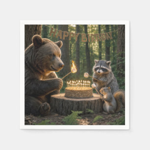 Servilleta De Papel Oso de cumpleaños asando malvaviscos en un pastel