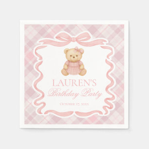 Servilleta De Papel Oso de Cumpleaños con Lazo Coquette Rosa Cuadros E