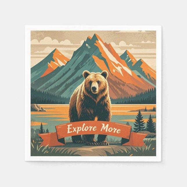 Servilleta De Papel Oso de dibujos animados de estilo retro y cordille (Anverso)