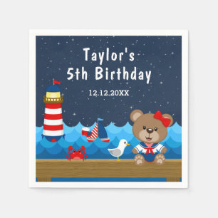 Servilleta De Papel Oso de niña náutica Cumpleaños Rojo y Azul Marino 