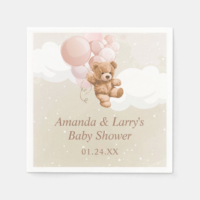 Servilleta De Papel Oso de peluche con globos rosados (Anverso)