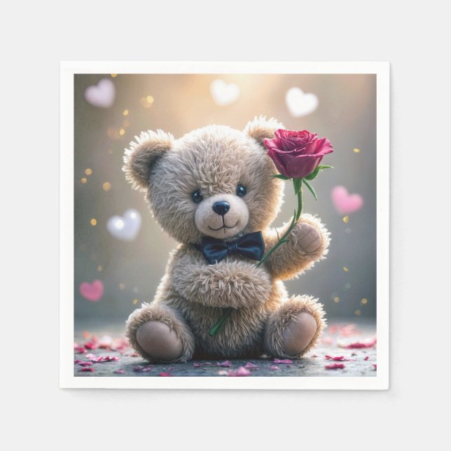 Servilleta De Papel Oso de peluche con rosa roja (Anverso)