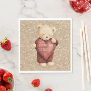 Servilleta De Papel Oso de peluche corazón rojo purpurina dorada