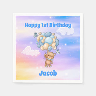 Servilleta De Papel Oso de peluche de globos azules cumpleaños 1