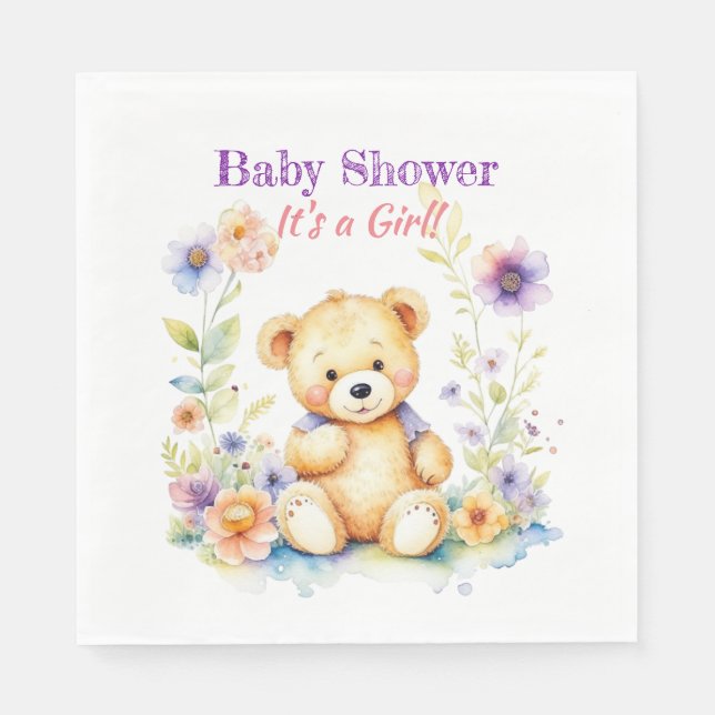 Servilleta De Papel Oso de peluche en Baby Shower, Chica de flores (Anverso)