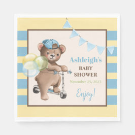 Servilleta De Papel Oso de peluche en Scooter, Baby Shower a rayas