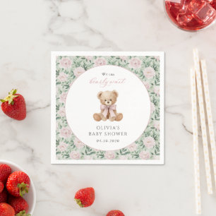 Servilleta De Papel Oso de peluche, lazo rosa, flores rosadas, fiesta