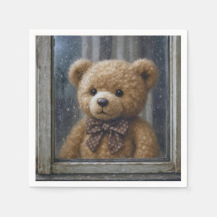 Servilleta De Papel Oso de peluche mirando por una ventana lluviosa