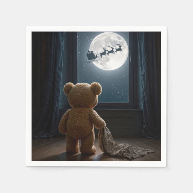 Servilleta De Papel Oso de peluche observando a Santa Claus y los reno (Anverso)