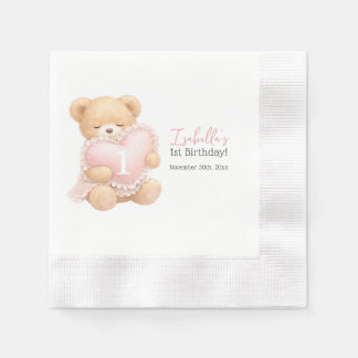 Servilleta De Papel Oso de peluche rosa a cuadros cumpleaños 1 niña