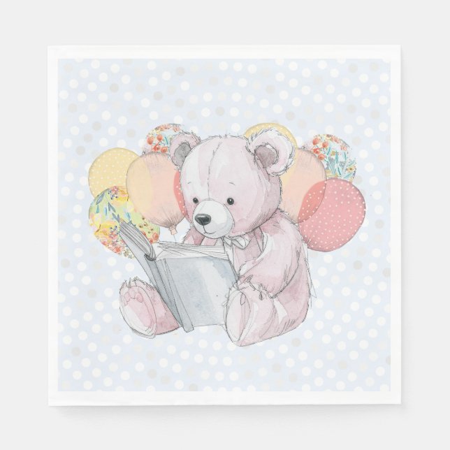 Servilleta De Papel Oso de peluche rosa leyendo un libro  (Anverso)