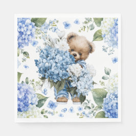 Servilleta De Papel Oso de peluche sostiene flores de hortensias