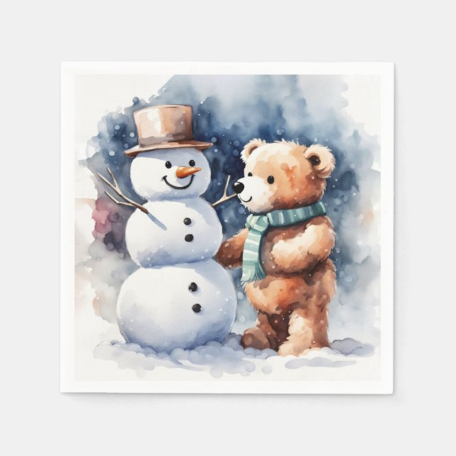 Servilleta De Papel Oso De Teddy De Invierno Y Snowman (Anverso)
