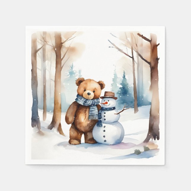 Servilleta De Papel Oso De Teddy De Invierno Y Snowman (Anverso)