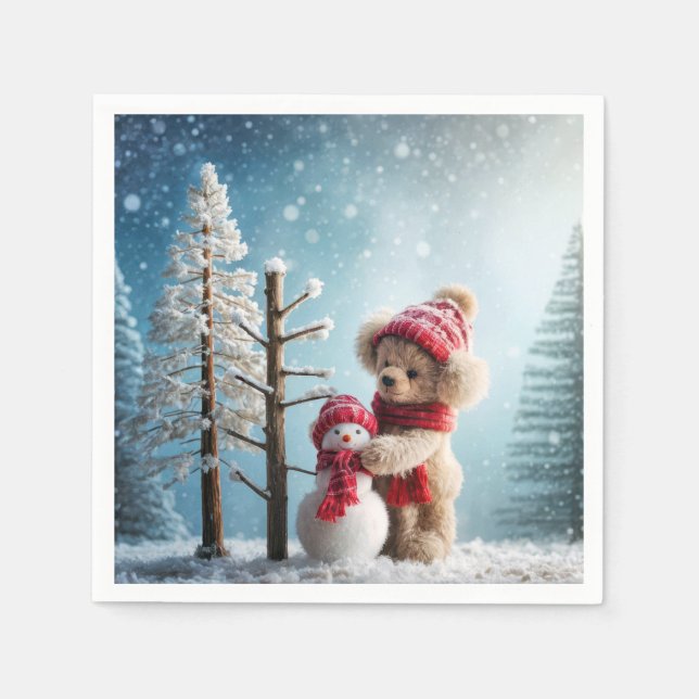 Servilleta De Papel Oso de Teddy y Snowman en invierno (Anverso)