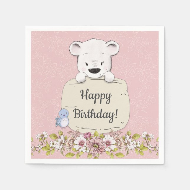Servilleta De Papel Oso Floral Rosa Cumpleaños (Anverso)