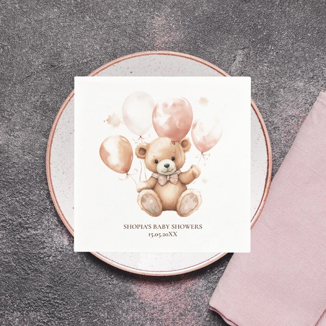 Servilleta De Papel Oso lindo con globos | Rosa del bebé (Subido por el creador)