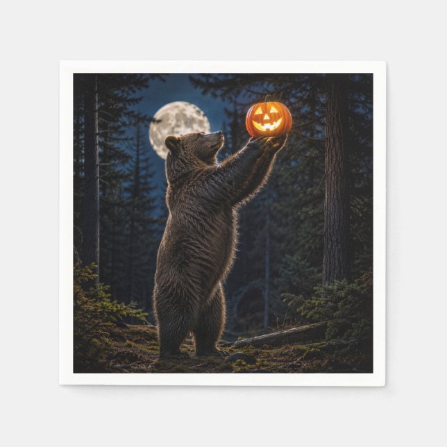 Servilleta De Papel Oso Pardo de Halloween con Jack-o-Lantern (Anverso)