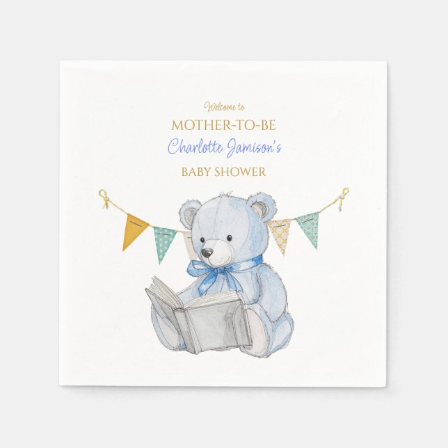 Servilleta De Papel Oso personalizado leyendo un libro Baby Shower (Anverso)