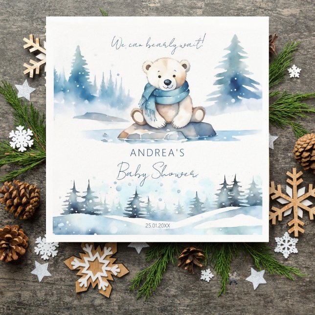 Servilleta De Papel Oso polar de invierno espera la plantilla de ducha (Polar bear winter bearly wait baby shower tableware personalized template napkins cute white teddy)