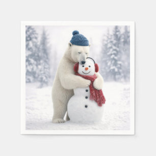 Servilleta De Papel Oso Polar de Navidad abrazando a un muñeco de niev