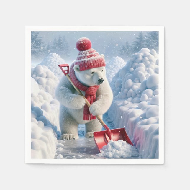 Servilleta De Papel Oso Polar de Navidad Con Pala Roja (Anverso)