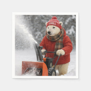 Servilleta De Papel Oso polar de Navidad empujando una barredora de ni