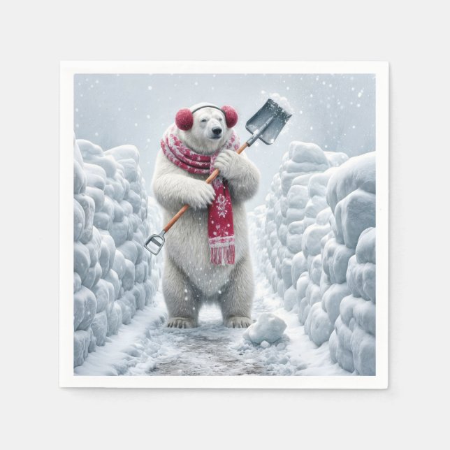 Servilleta De Papel Oso Polar De Navidad Paleando Nieve (Anverso)