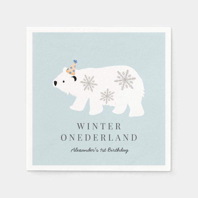 Servilleta De Papel Oso Polar Invierno Onederland Azul Primer cumpleañ (Anverso)