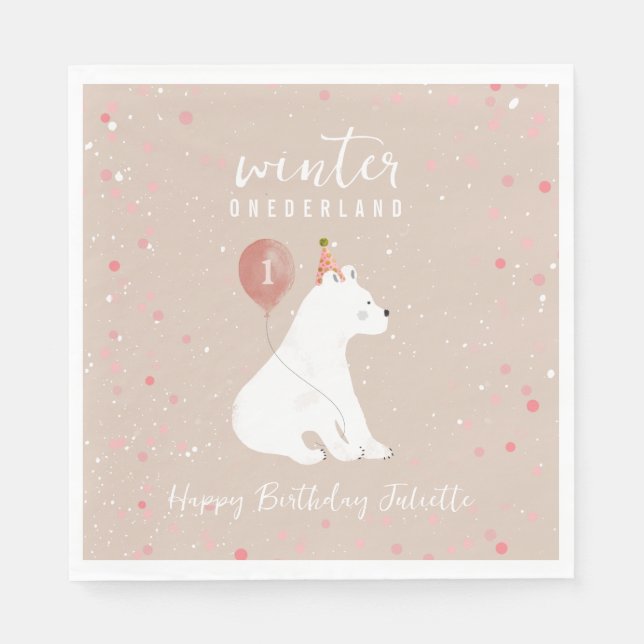 Servilleta De Papel Oso Polar Rosado de Omán de Invierno Primer Cumple (Anverso)