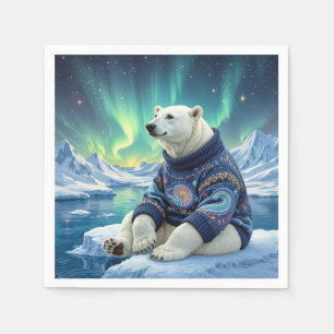 Servilleta De Papel Oso polar sentado bajo las luces del norte