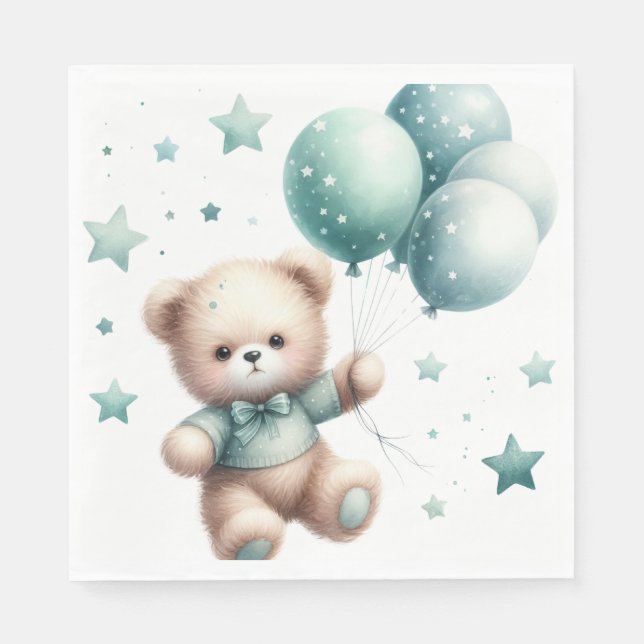 SERVILLETA DE PAPEL OSO TEDDY FUZY CON BALONES VERDES PASTEL (Anverso)