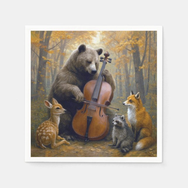 Servilleta De Papel Oso tocando el violonchelo en bosques de otoño (Anverso)