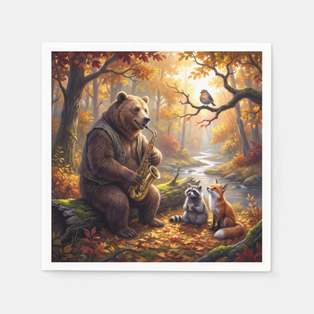 Servilleta De Papel Oso tocando un saxofón en el bosque de otoño (Anverso)