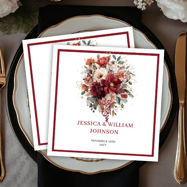 Servilleta De Papel Otoño Borgoña Flores Boho Verdor Boda  (Autumn Burgundy Flowers Boho Greenery Wedding Napkins

)